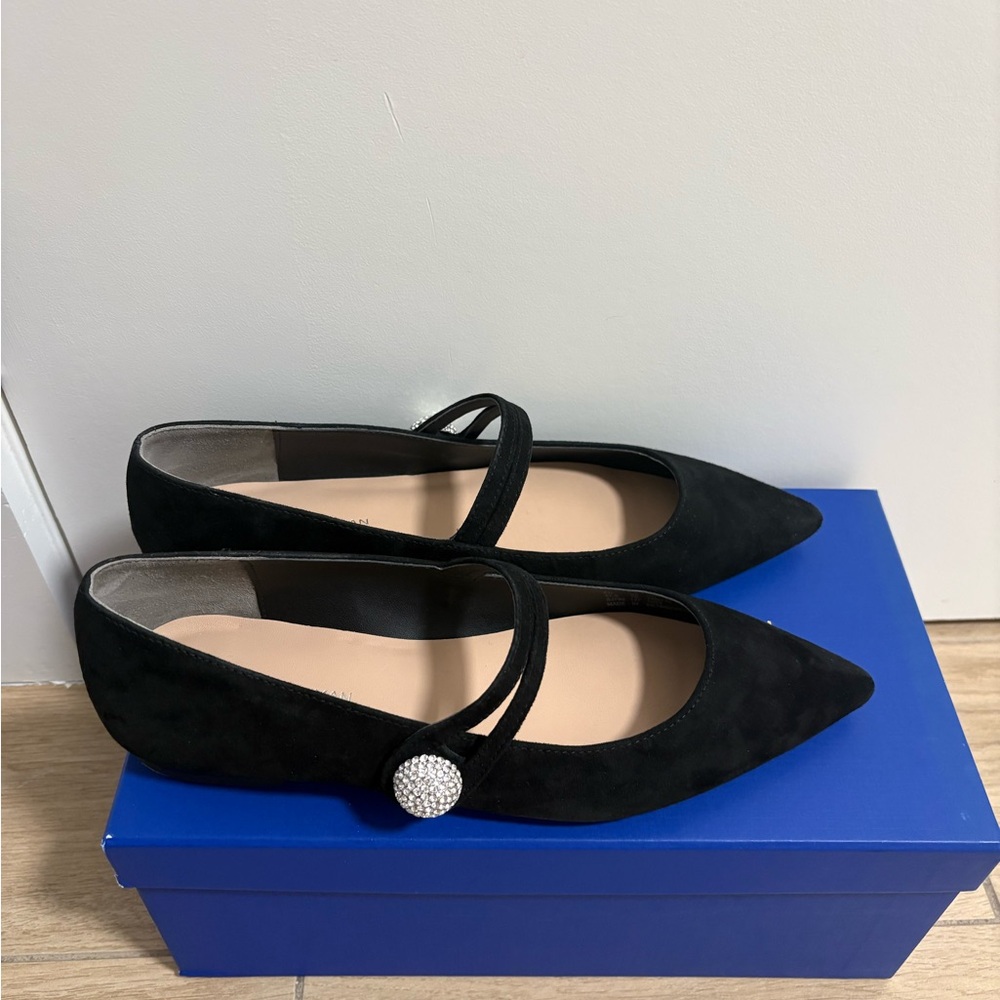 Stuart Weitzman Black Mary Jane Flats with Pearl Accent size 7. Taps included.